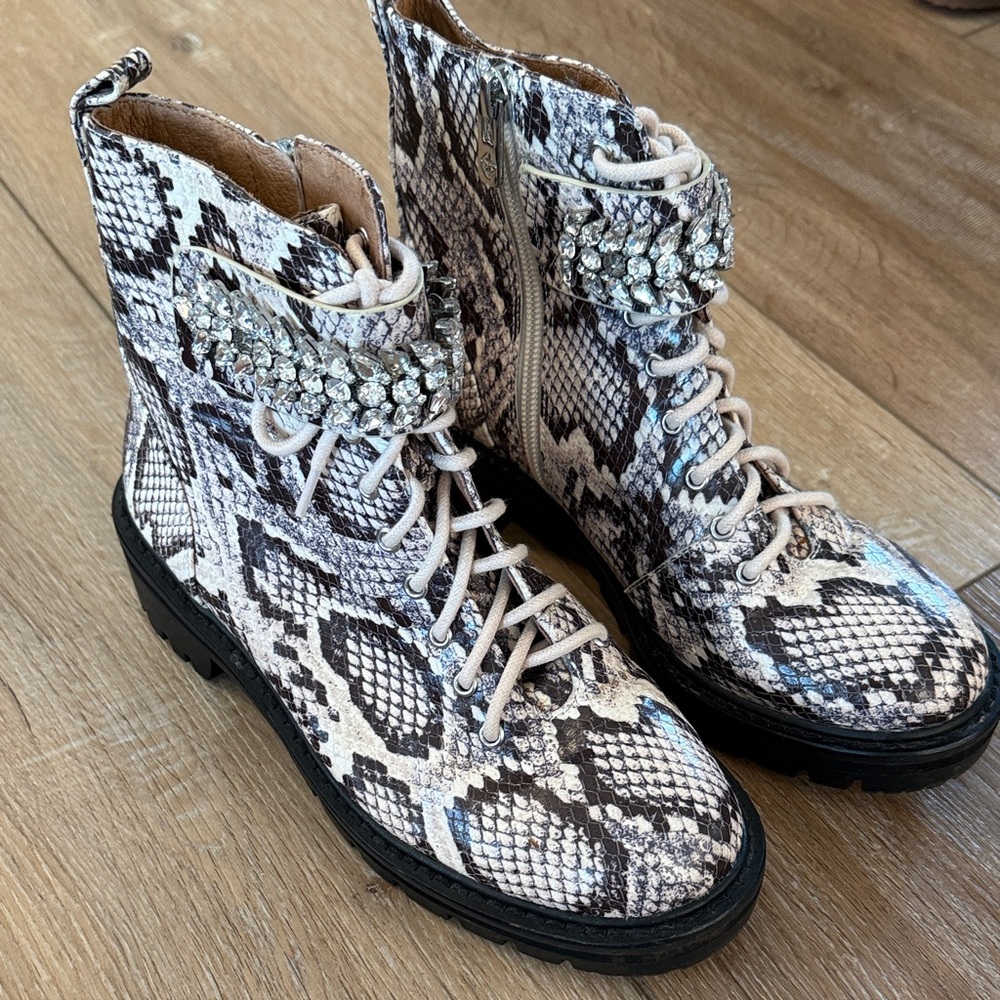 Embellished Python-Print Combat Boots - White/Black